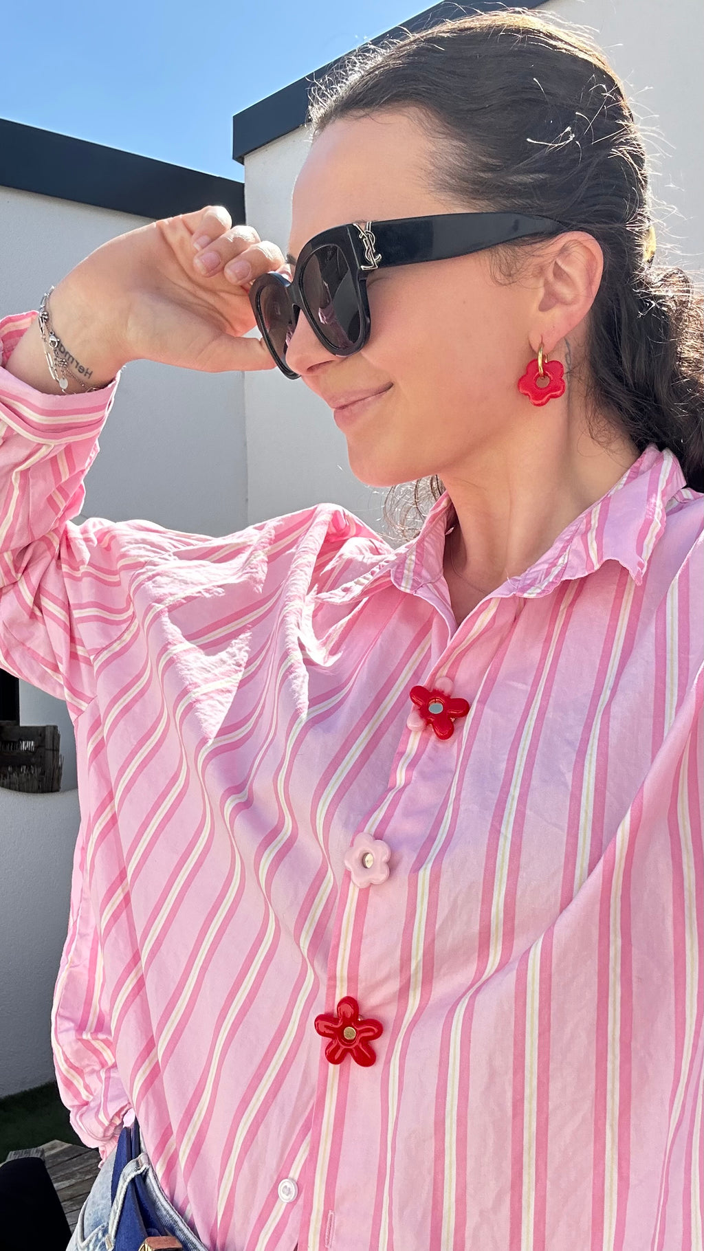 Titi bouton grande fleur rouge et rose
